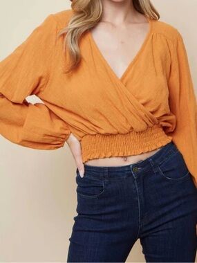 Saints & Hearts Mustard Orange Smocked Wrap Crop Top Cotton Sz Small